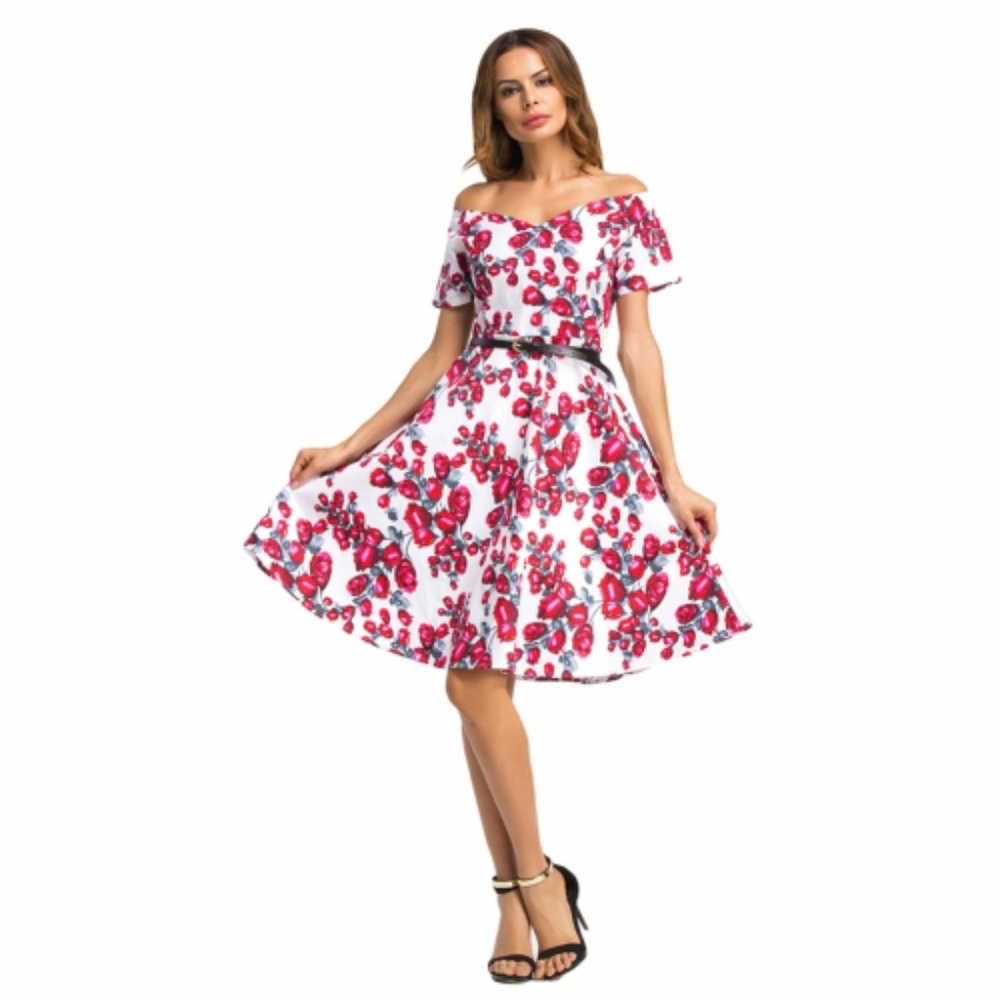 White And Red Floral Print Dress